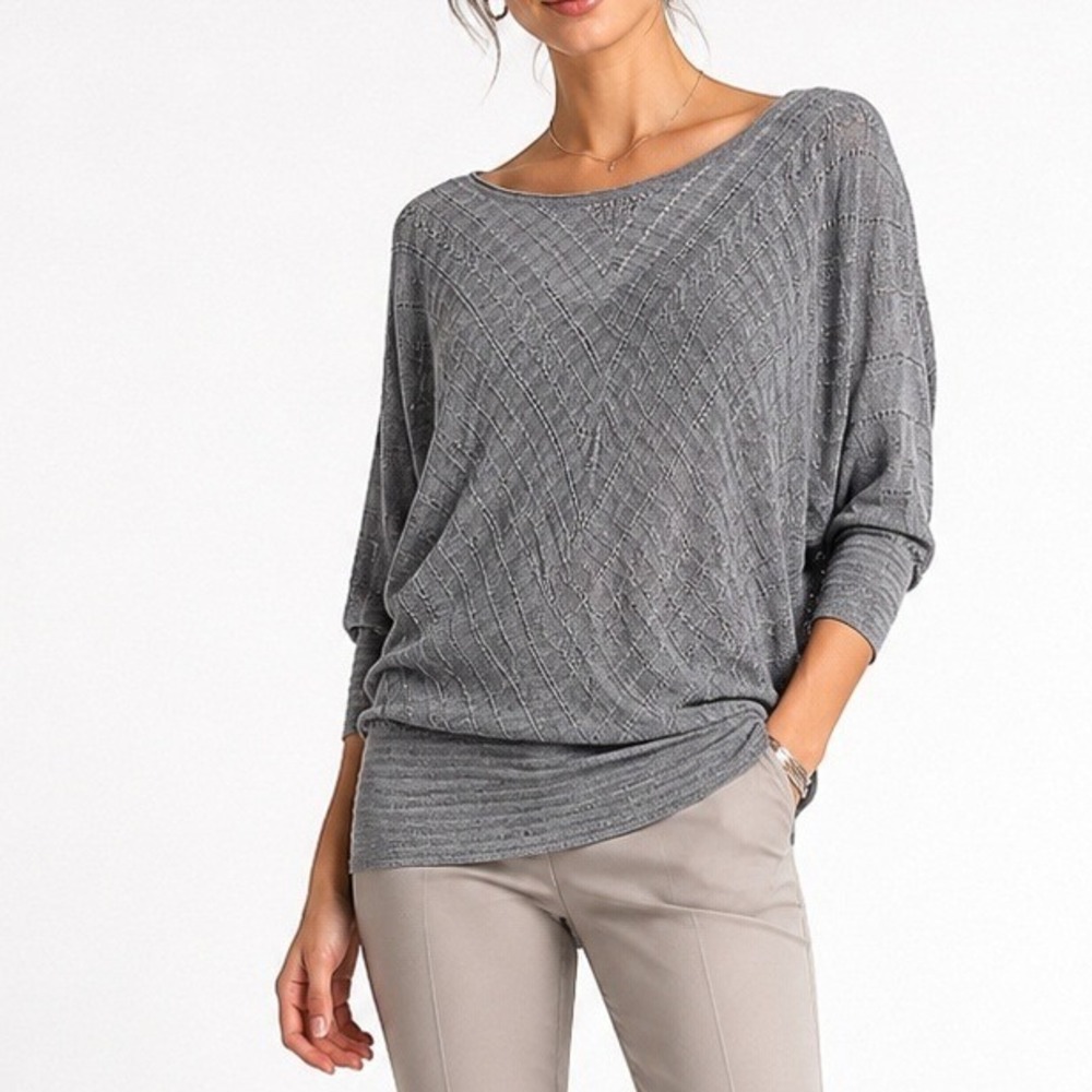 White House Black Market‎ Silver Metallic Chevron Pointelle Dolman Top Small